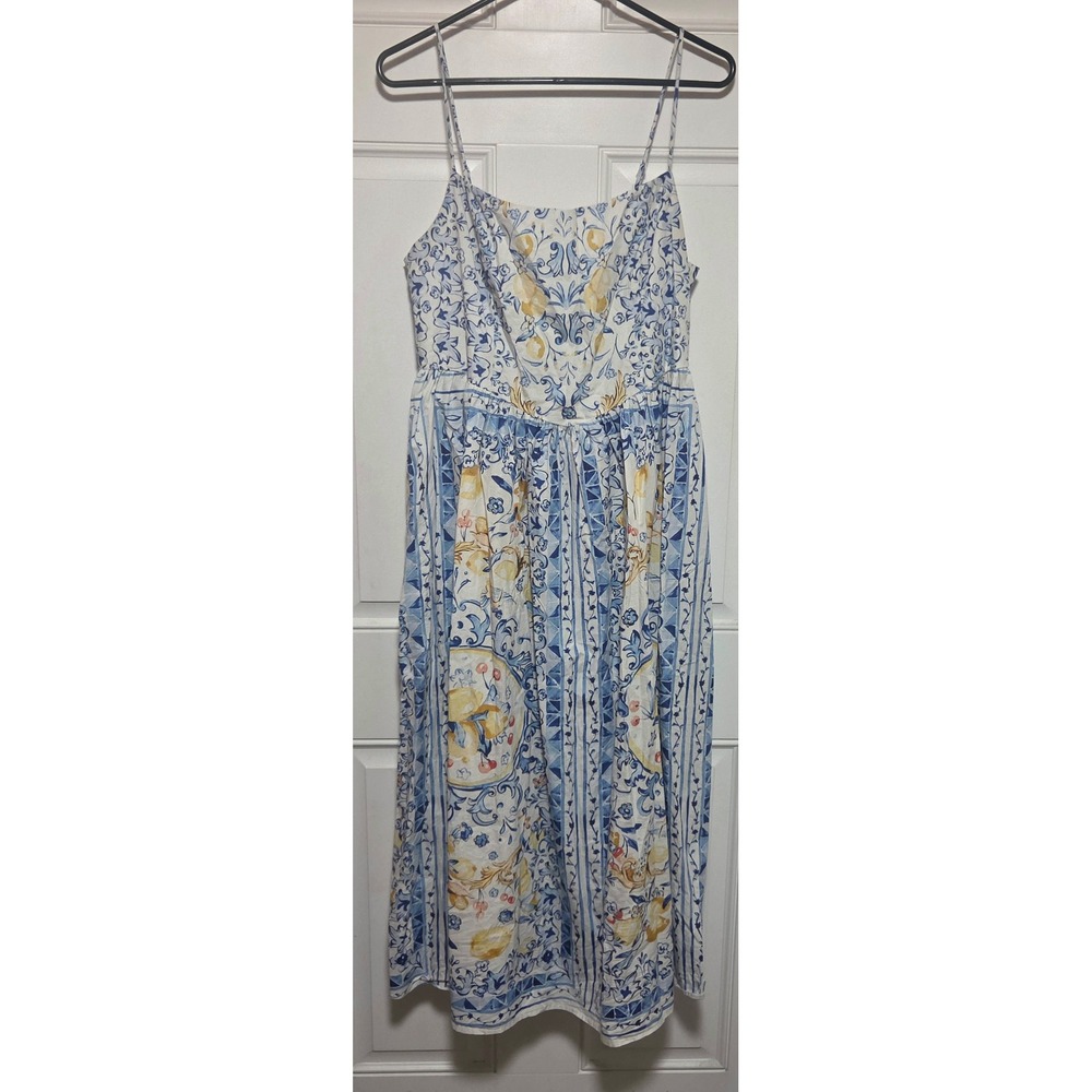 HM Blue White Lemon Tile Print Midi Dress Lace Up Back Summer Sun Dress Large